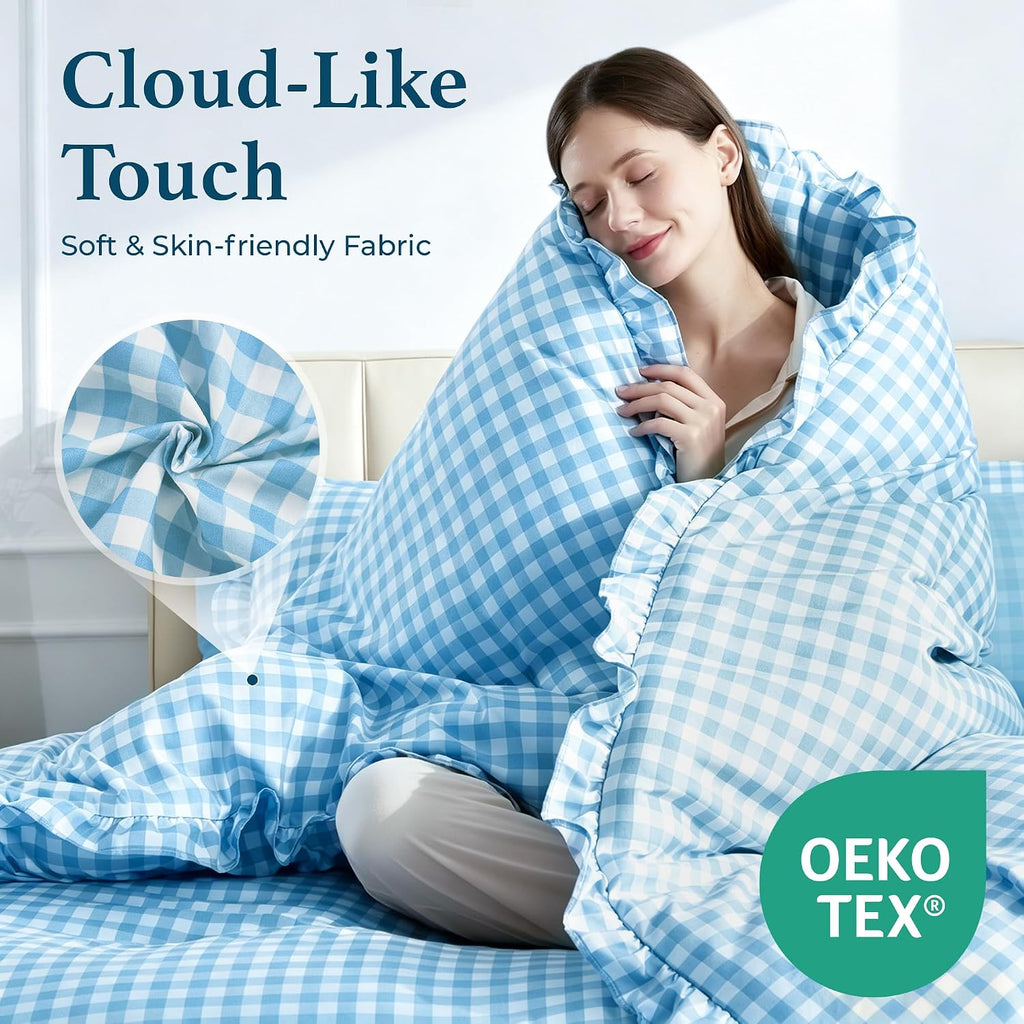 BDEUS 7 Pieces Gingham Ruffle Comforter Set Queen Size, Blue Grid Tartan Bedding Set, Soft Breathable Fabric Comforter with Flat Sheet, Fitted Sheet, 2 Pillowcases & 2 Shams, 88"X88"