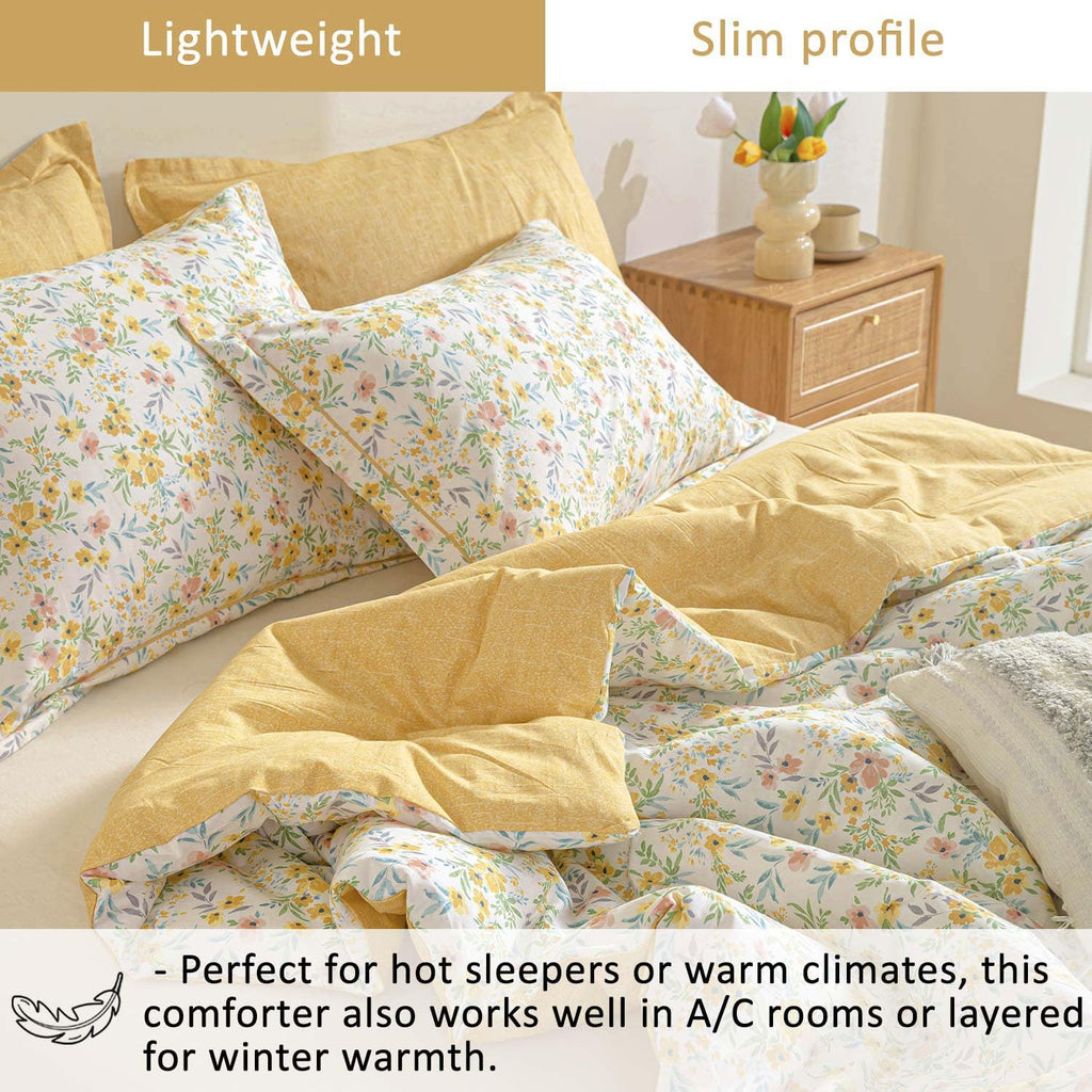 ALEISSEL Natural Cotton 3pcs Floral Comforter Sets King Size-Yellow Comforter with Pink & Yellow Flowers and Blue & Green Leaves on White, Reversible Lightweight Bedding Sets(King 104"×90")