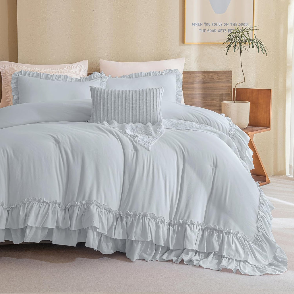 QSH Queen's House Light Blue Farmhouse Ruffled King Size Comforter Set,Lightweight Microfiber Inner Fill Fluffy Boho Chic Bedding Comforter,Ultra Soft Microfiber Inner Fill Bedding