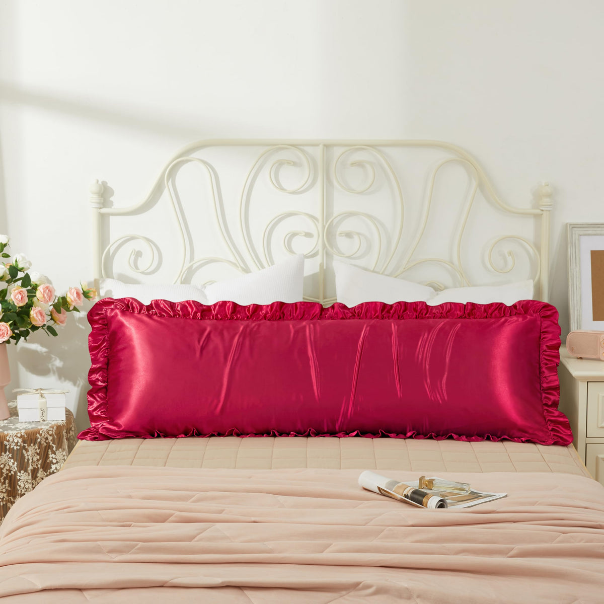 Blush Pink Satin Ruffled Pillow Cases for Hair and Skin,Blush Pink Silk Pillowcases Standard Set of 2 with Envelope Closure Princess Room Decoration