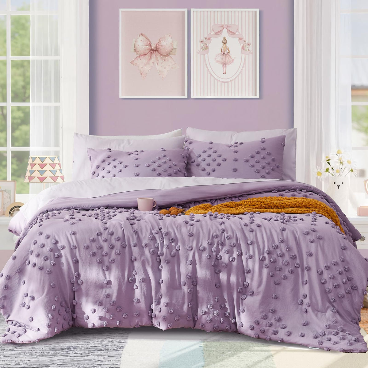 Queen Comforter Set - 7 Pieces Pink Bedding Set Bow Jacquard Bed in a Bag