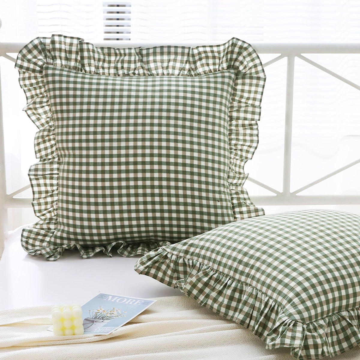 Mywinlle Taupe Plaid Gingham Ruffle Decorative Throw Pillow Covers 18"x18"