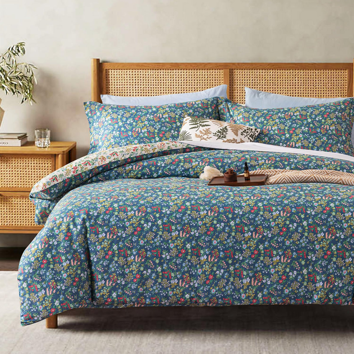 ALEISSEL Natural Cotton 3pcs Floral Comforter Sets King Size-Yellow Comforter with Pink & Yellow Flowers and Blue & Green Leaves on White, Reversible Lightweight Bedding Sets(King 104"×90")