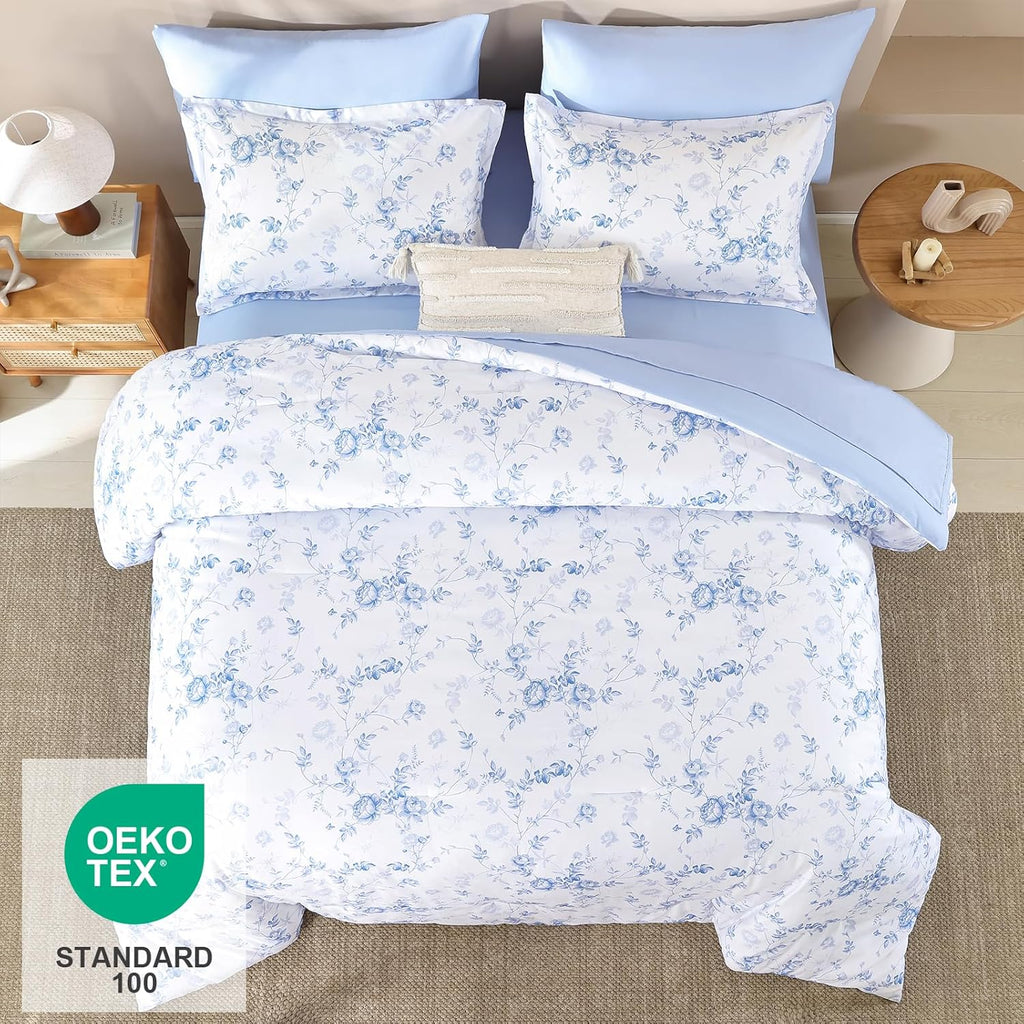Luxudecor Blue Rose Floral Queen Comforter Set, 7 Pieces Bed in a Bag
