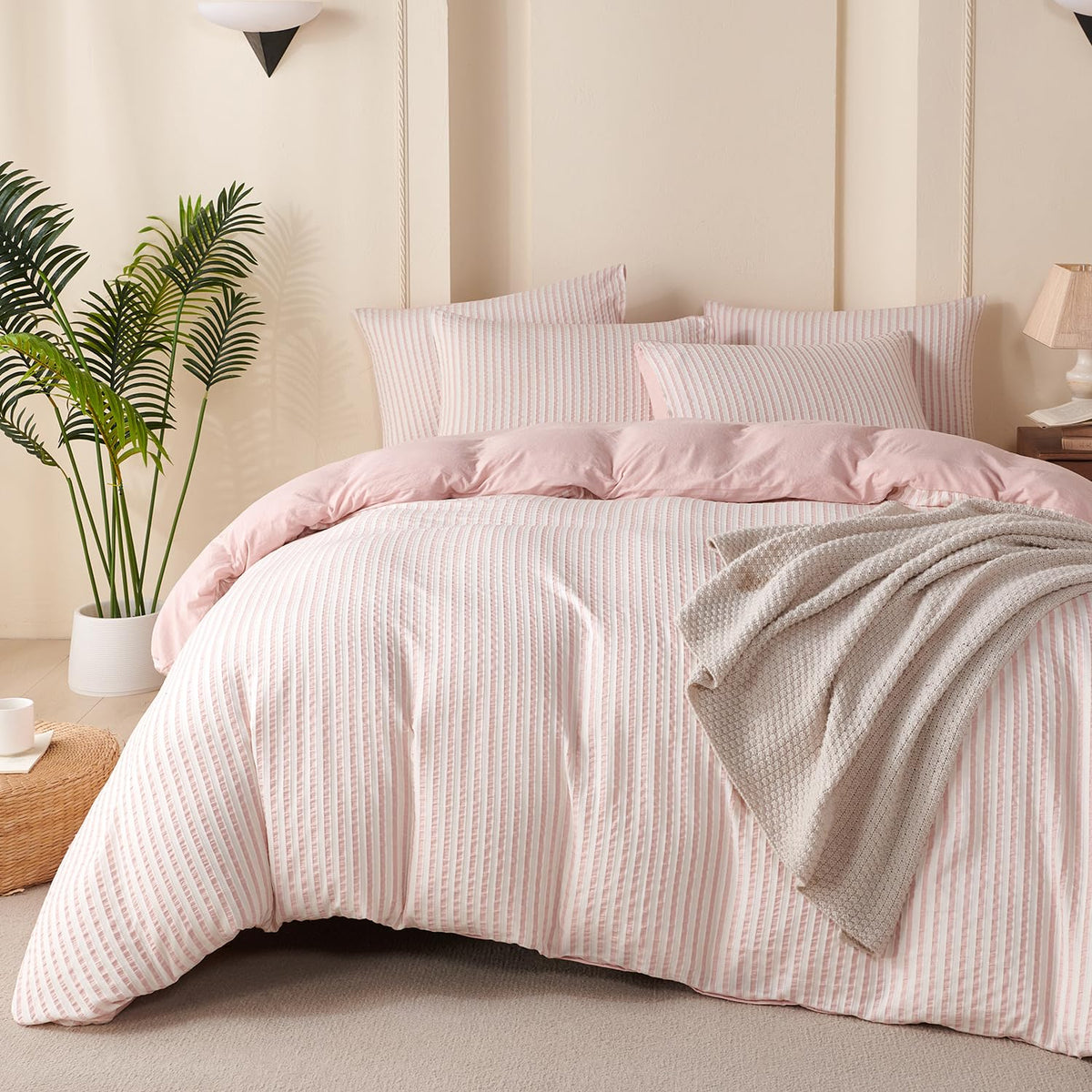 Comforter Set King Size Dusty Pink Soft Luxury Washed Microfiber Jacquard 3 Pieces Bedding Set, White Dusty Pink Vertical Ticking Stripes Comforter with 2 Pillowcases Breathable Durable Comfy