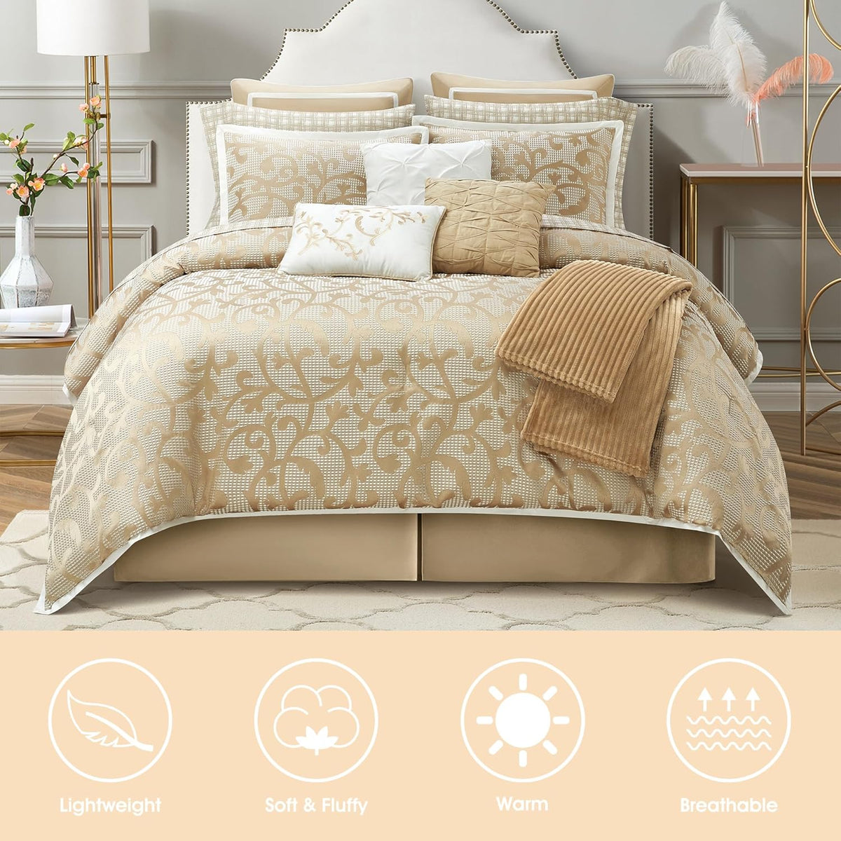 LANCO MODERN LIFESTYLE Taupe California King Comforter Set, Classic Jacquard Floral 14 Pieces Bedding Set, Ultra Soft for All Seasons, Sheets, Bedskirt, Throw,Matching Shams and Decor Pillows