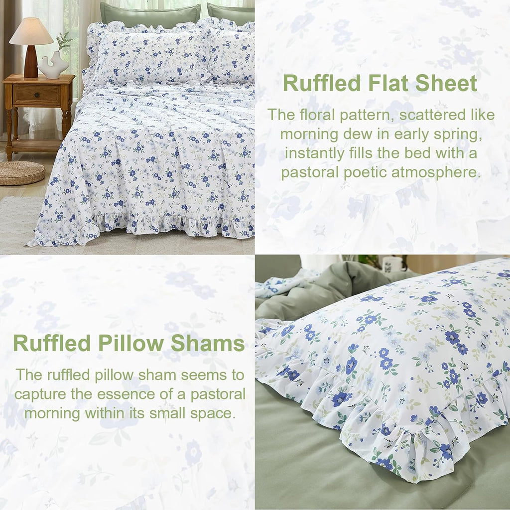8PC Queen Comforter Set Green, Ruffle Comforter with Floral Sheets
