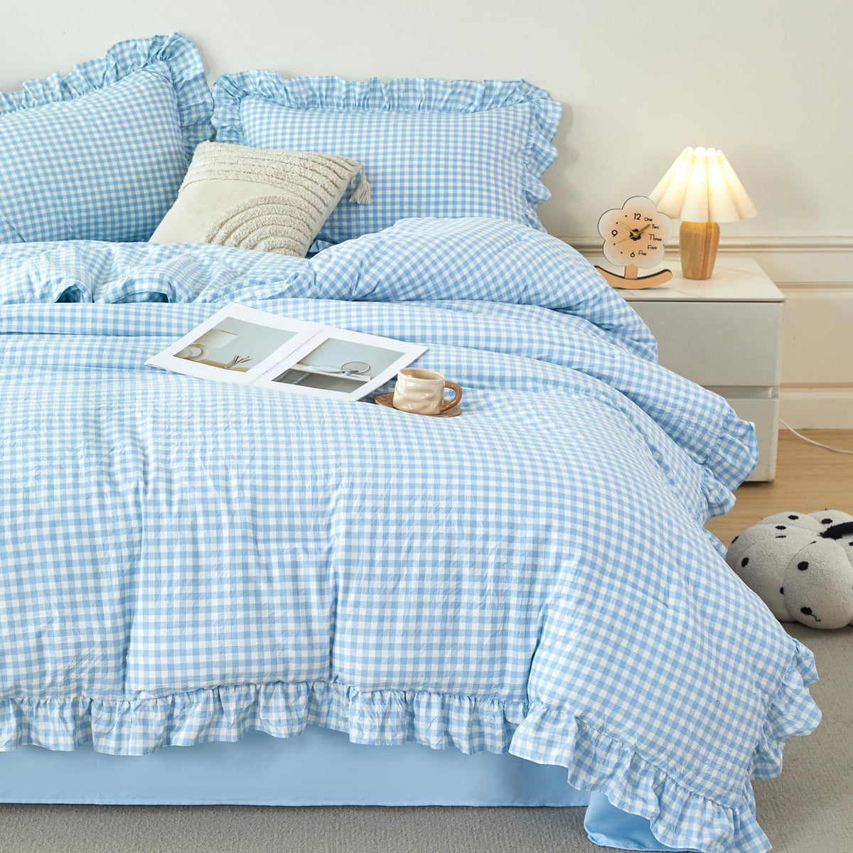 RYNGHIPY 5 Pcs Gingham Bedding Set Queen Yellow Ruffle Comforter Sets