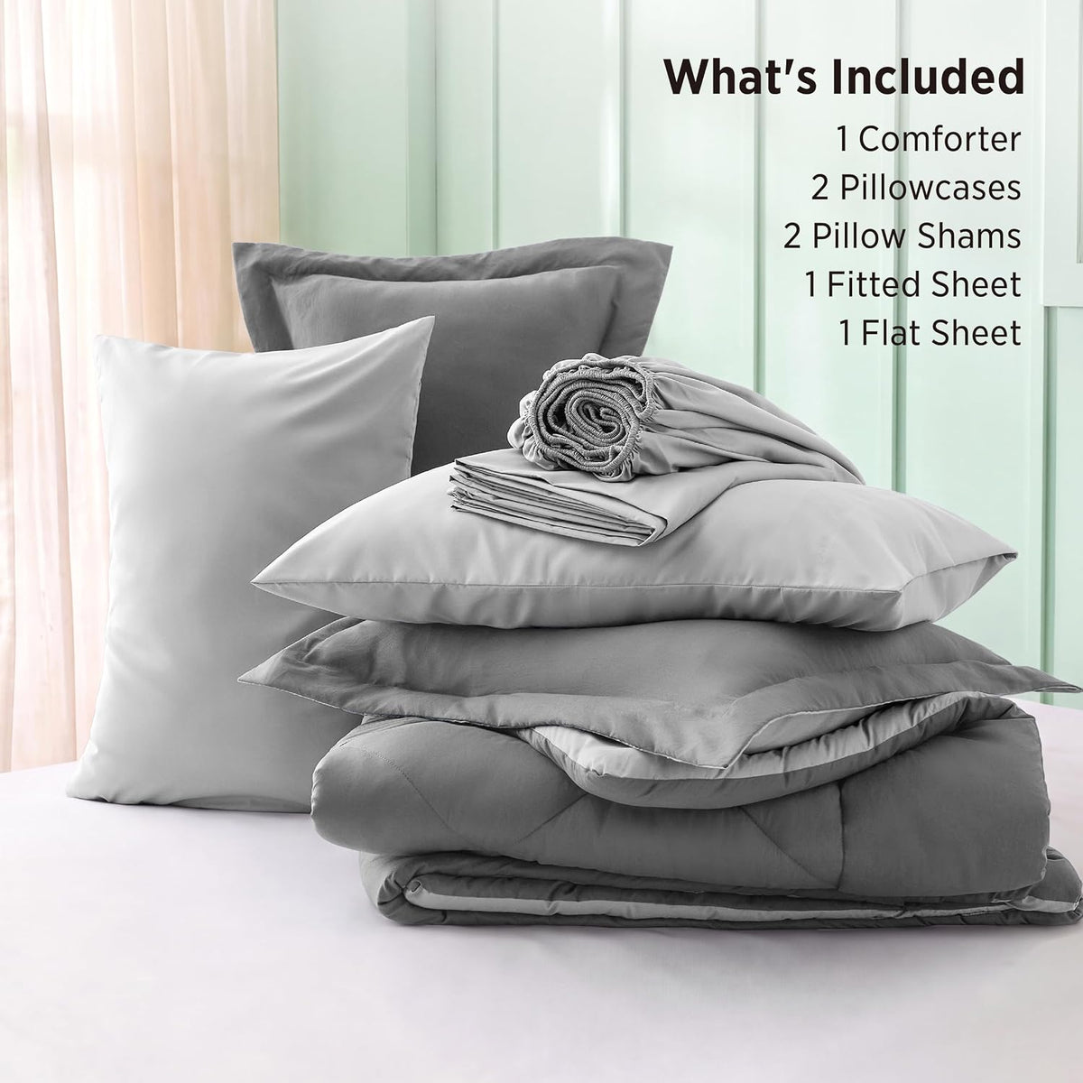 Bedsure Queen Bed in a Bag Reversible Bed Set 7 Pieces Grey/Light Grey