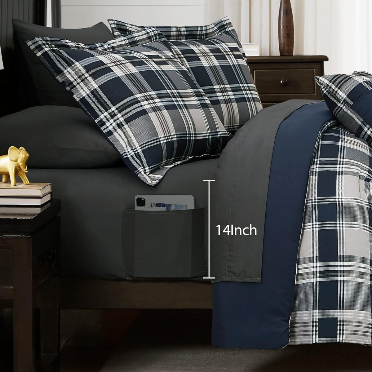 MaiRêve Plaid Queen Comforter Set Navy Blue 7 Pieces Bed in a Bag