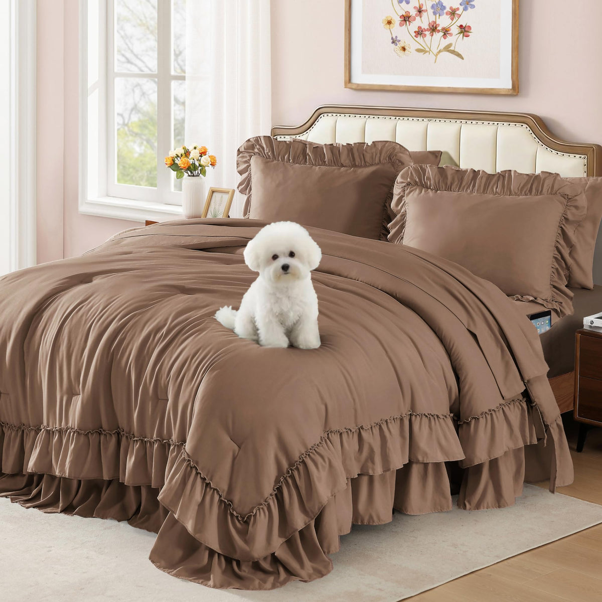 AMBERSPACE Queen Comforter Set White Ruffle 7 Pieces Farmhouse Bed in a Bag