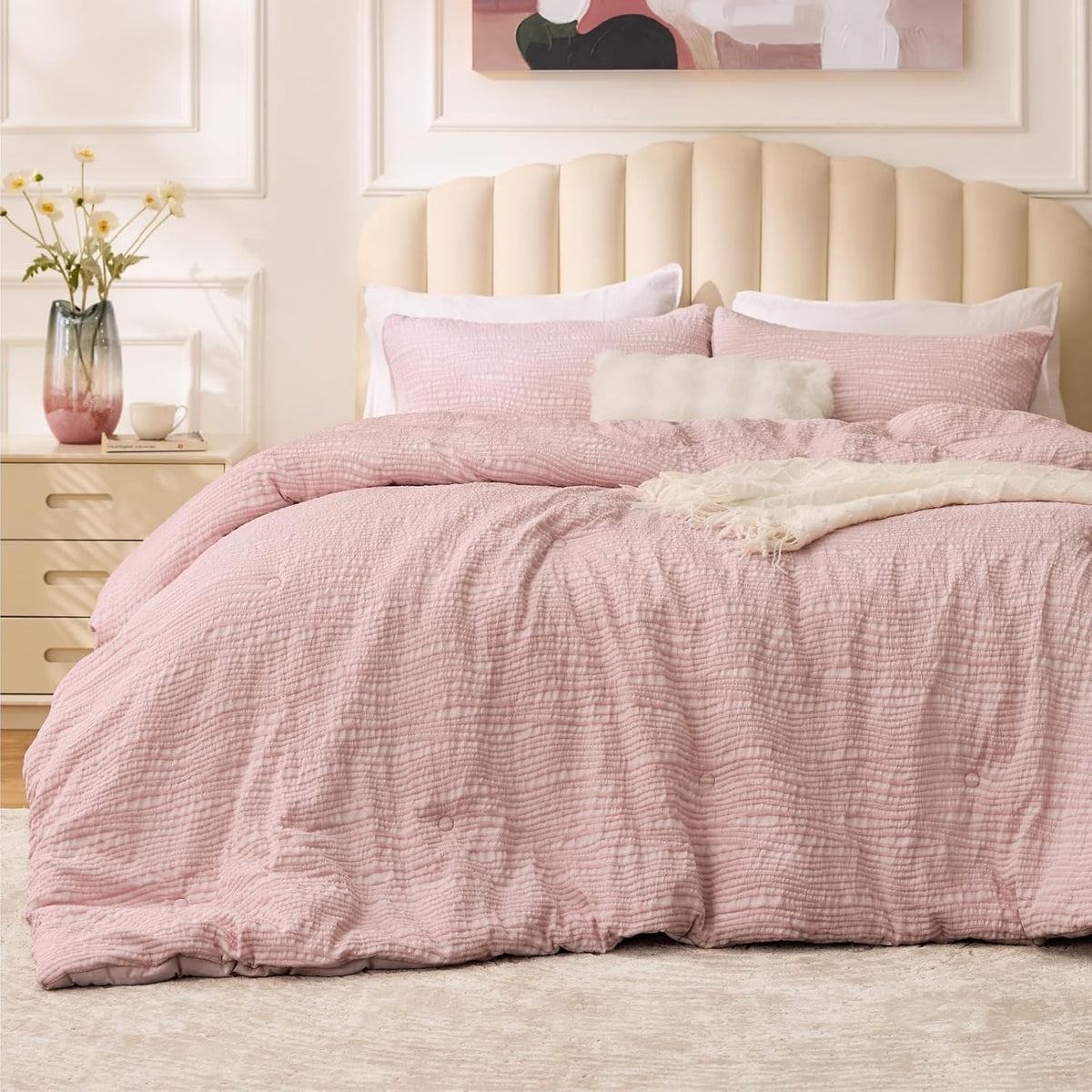 BEDELITE King Comforter Set Striped-Blush Pink,Fluffy & Soft Comforter