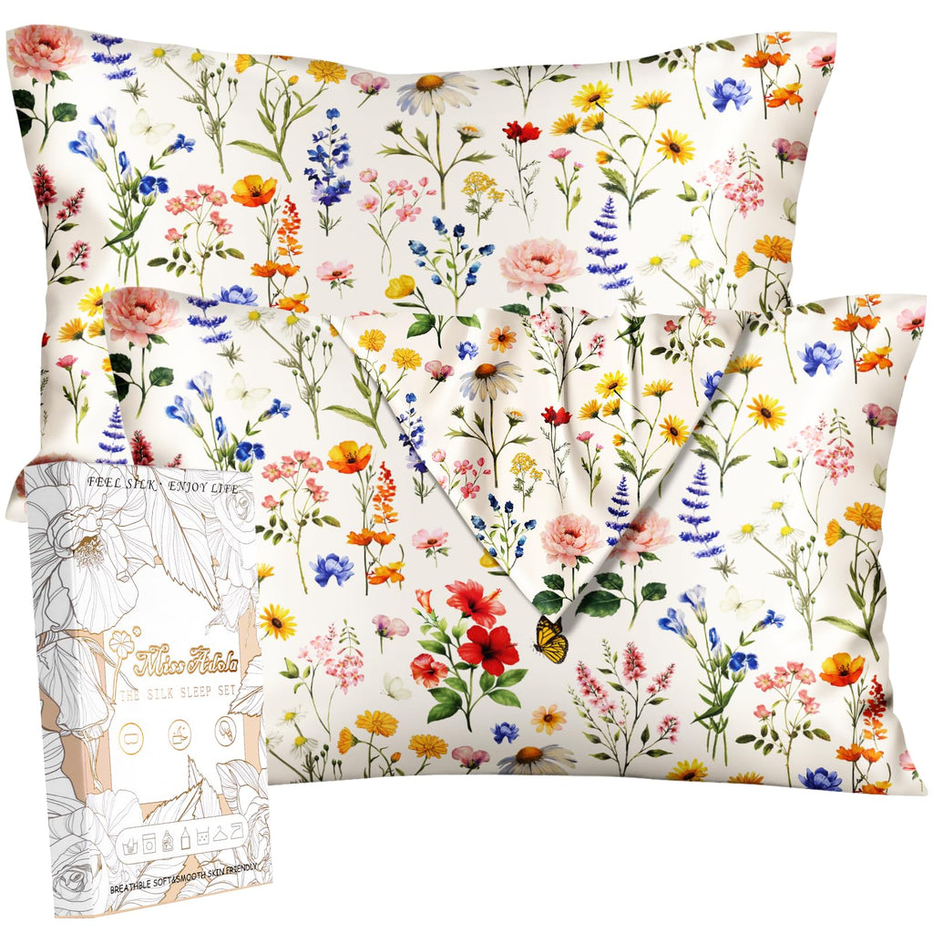 Miss Adola 2pcs Silk Pillowcase with Hidden Zipper, BLK Grow Flower