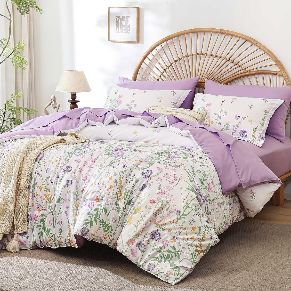 Burnt Orange Floral Comforter Set Queen Size,7 Piece Cute Flower Comforter