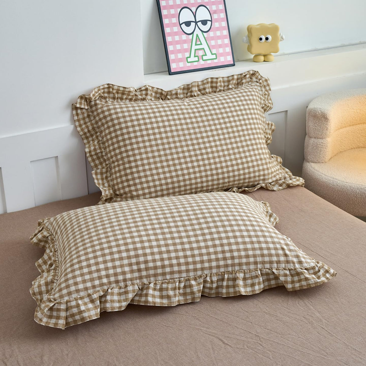 Tan Gingham Pillowcases Set Farmhouse Standard Size Pillow Shams Buffalo Taupe Plaid Pillowcases Set of 2, Grid Checkered Gingham Washed Cotton Pillow Covers with Envelope Closure, 20"×26"