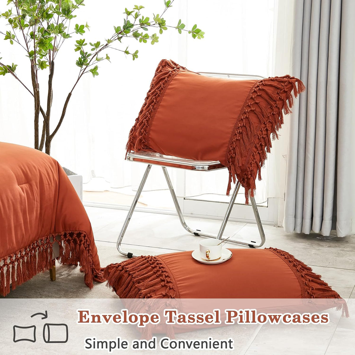 Andency Terracotta Comforter Set Full, 3 Pieces Boho Tassel Bedding