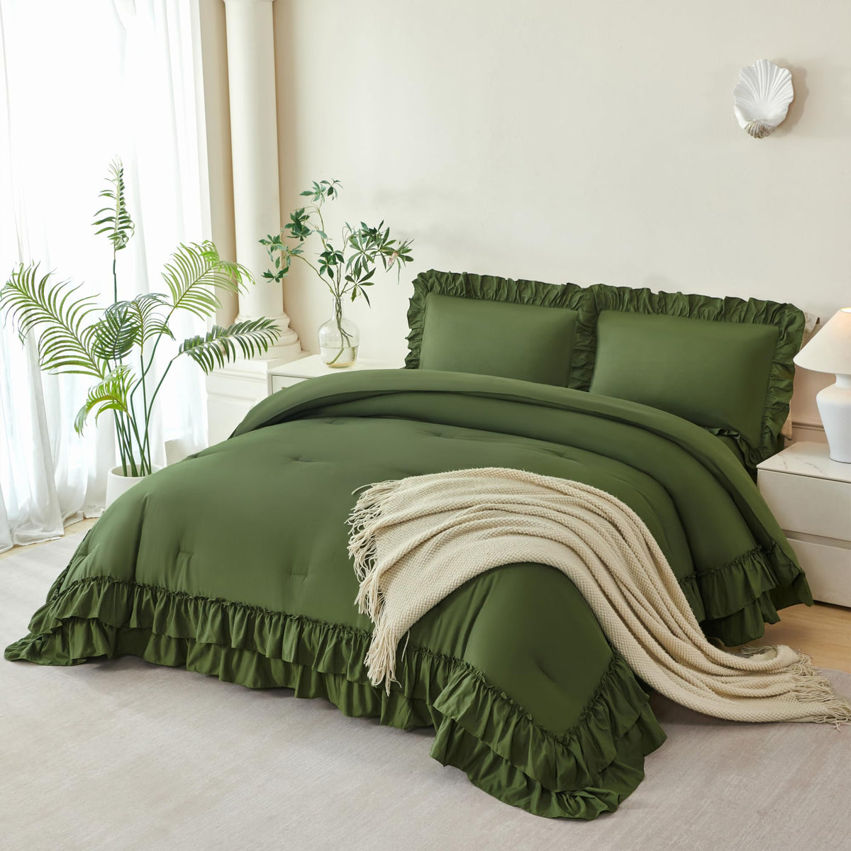 ANGIYUIN 5Pcs Beige Ruffled Comforter Set Queen Double-Layer Ruffle Bedding Comforter Set for Women Girls Fluffy Shabby Chic Bed in a Bag with Sheets(Beige Queen)