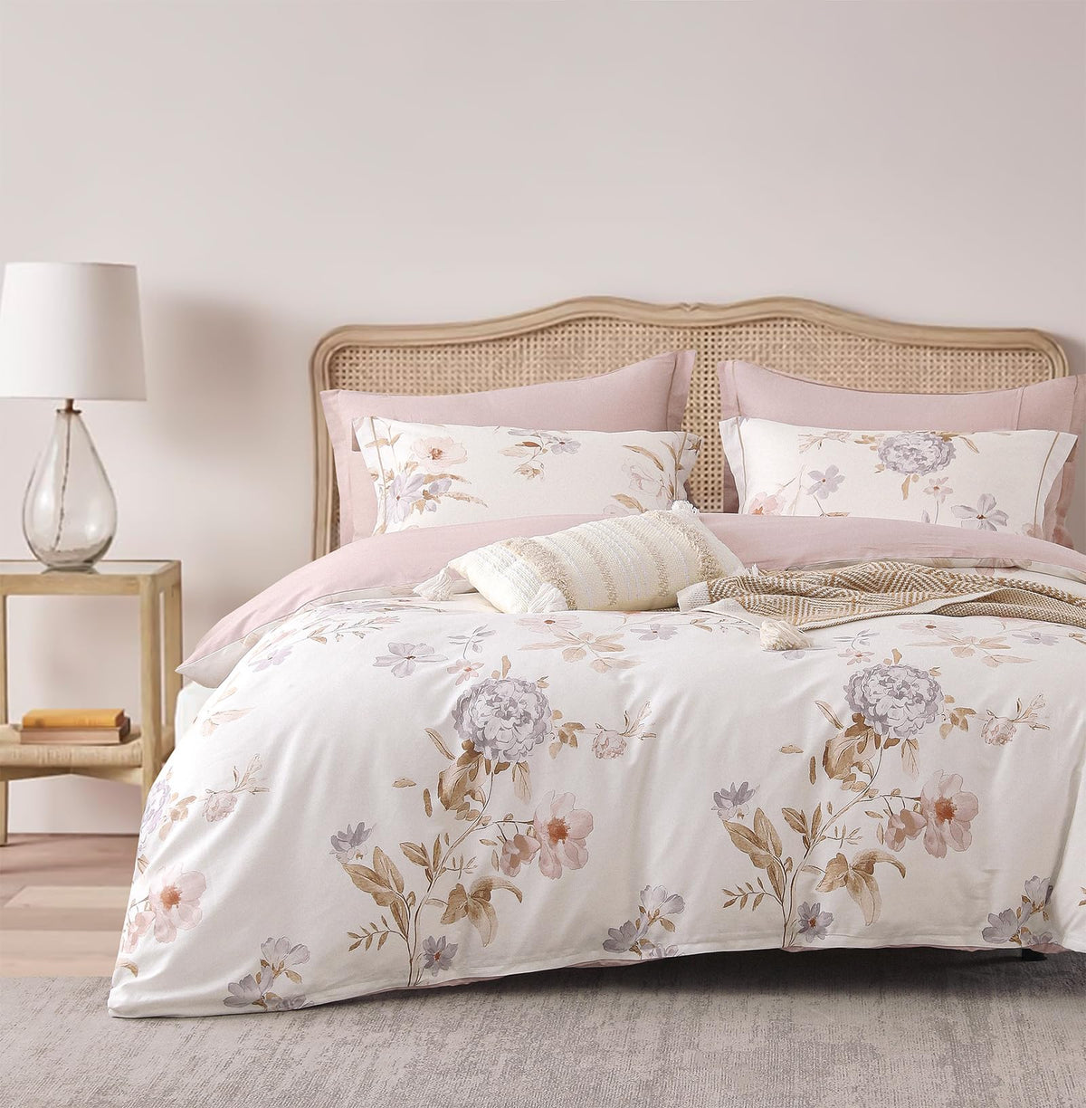 ALEISSEL Natural Cotton 3pcs Floral Comforter Sets King Size-Yellow Comforter with Pink & Yellow Flowers and Blue & Green Leaves on White, Reversible Lightweight Bedding Sets(King 104"×90")