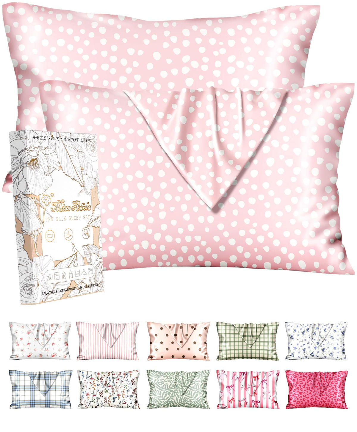Miss Adola 2pcs Silk Pillowcase with Hidden Zipper, Pink Stripes