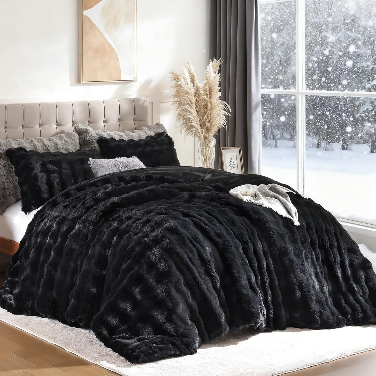 YIKUSH Queen Faux Fur Soft Comforter Set, Fluffy Linen Rabbit Fur Comforter
