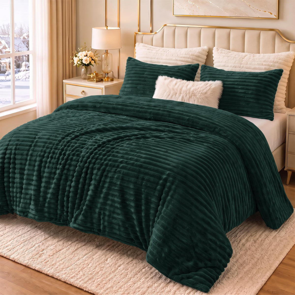 CozyLux Fleece Queen Comforter Set, 3 Piece Winter Warm Black Bedding