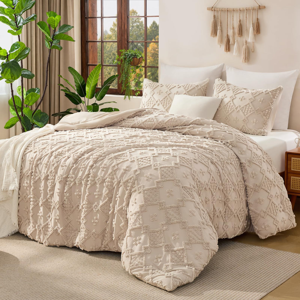 Tufted Boho Comforter Set, 3 Pieces Pink Boho King Bedding Set