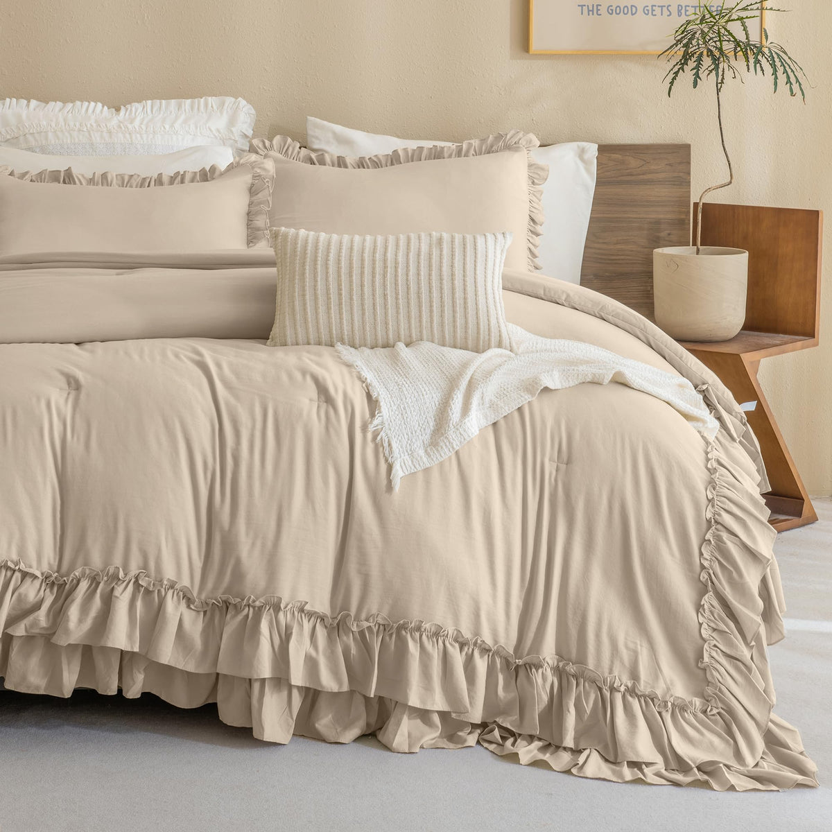 QSH Queen's House Light Blue Farmhouse Ruffled King Size Comforter Set,Lightweight Microfiber Inner Fill Fluffy Boho Chic Bedding Comforter,Ultra Soft Microfiber Inner Fill Bedding