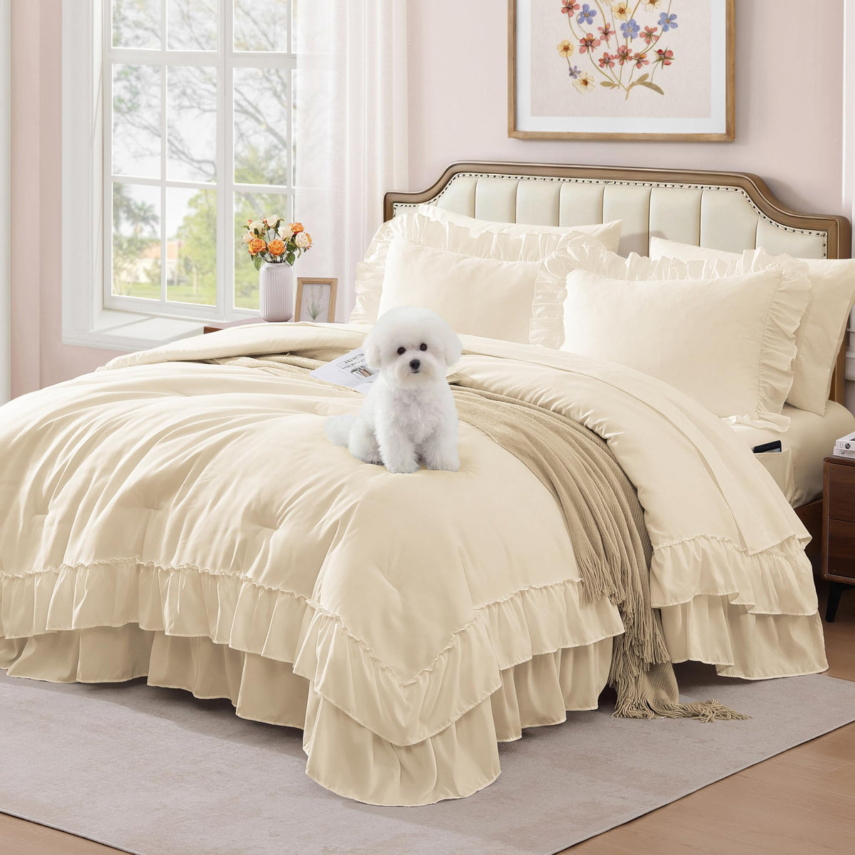 King Comforter Set Whisper White Ruffle 7 Pieces Farmhouse Bed in a Bag
