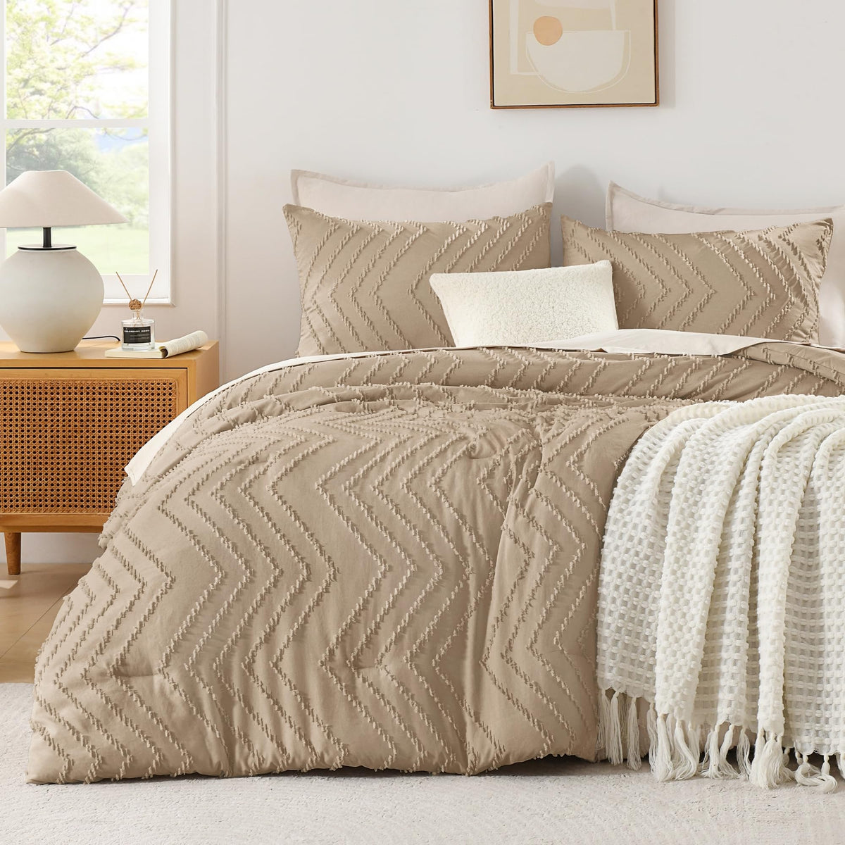 Andency Queen Comforter Set Beige, 3 Pieces Comforters Queen Size Bed Set