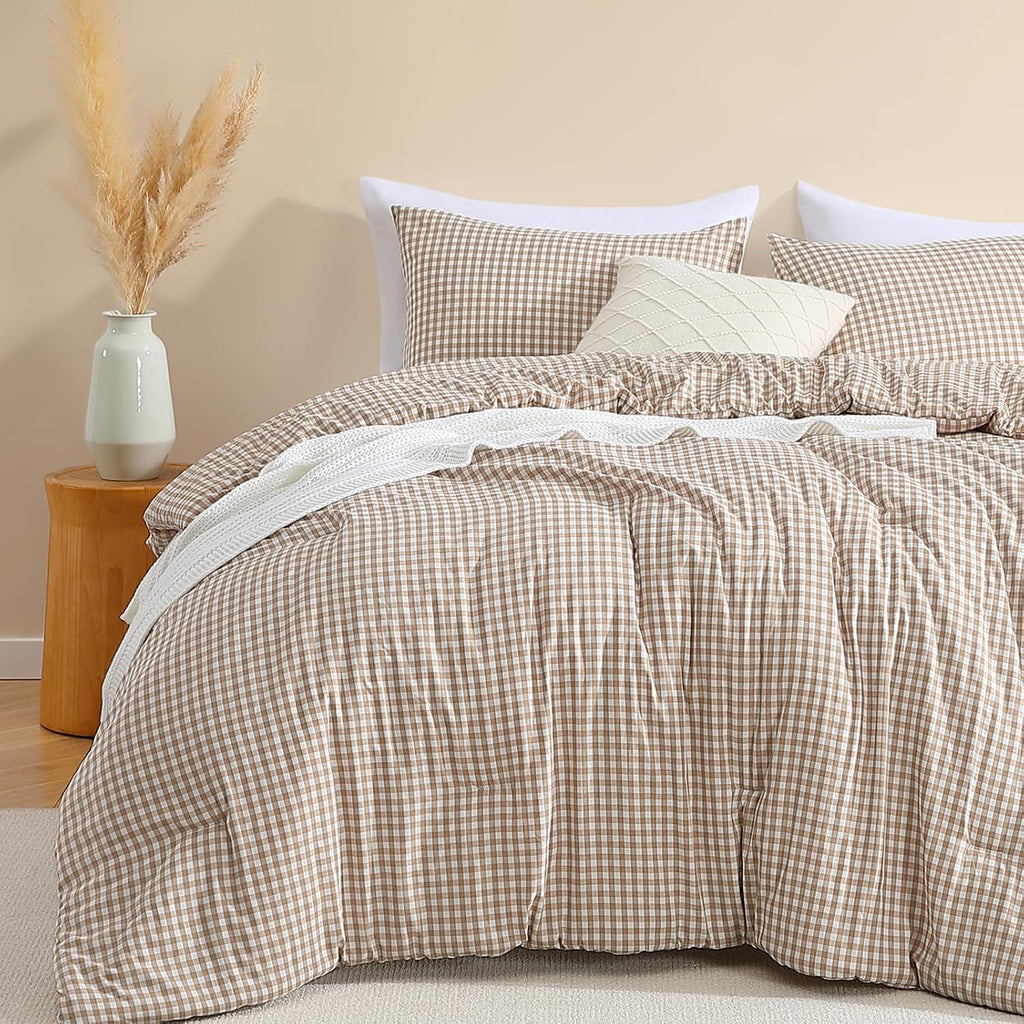 CASAAGUSTO Brown Full Gingham Comforter Set, 3 Pieces Bedding