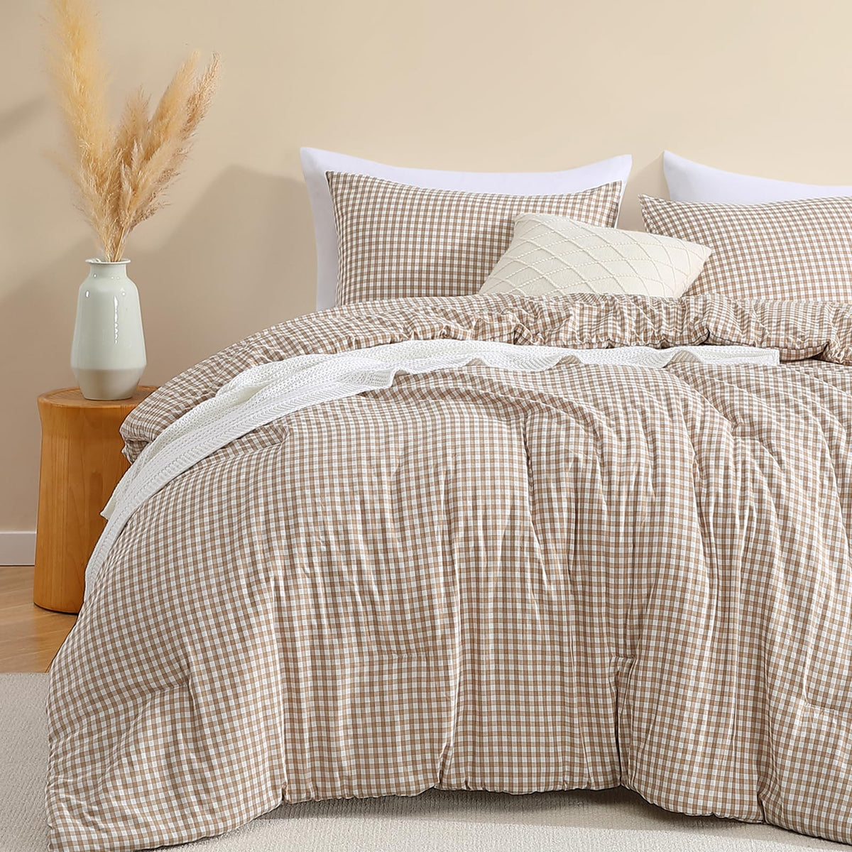 CASAAGUSTO Brown Full Gingham Comforter Set, 3 Pieces Bedding