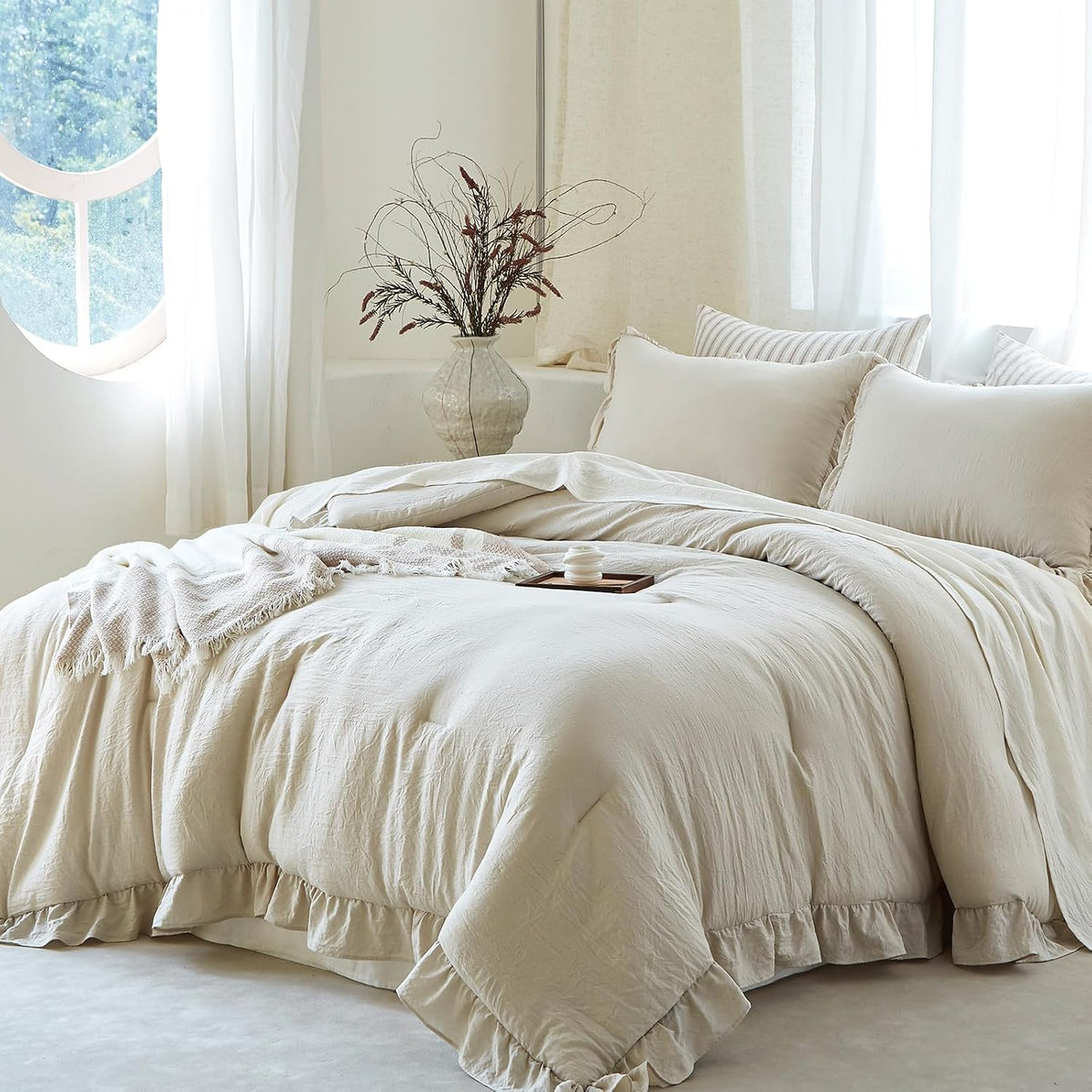 Beige Ruffle 2 Pieces Comforter Set Twin Shabby Chic Bedding Set