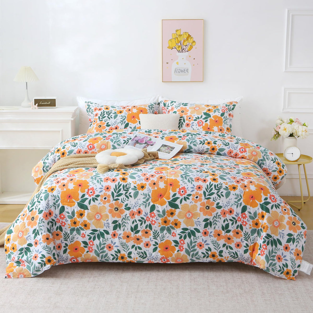 Mooreeke Floral Queen Size Comforter Sets, Lightweight Purple Lavender Botanical Printed Bedding for All Seasons, 3-Piece Vintage Bed in a Bag with Fluffy Quilted Reversible Comforter & 2 Pillow Shams