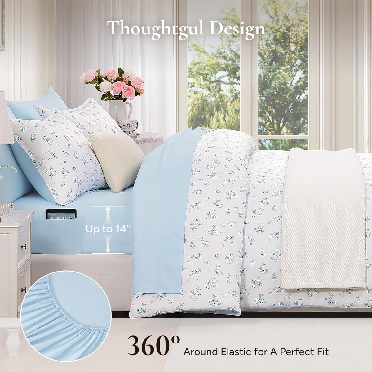 Andency Floral Full Comforter Set, 7 Pieces Cute Blue Coquette Bedding