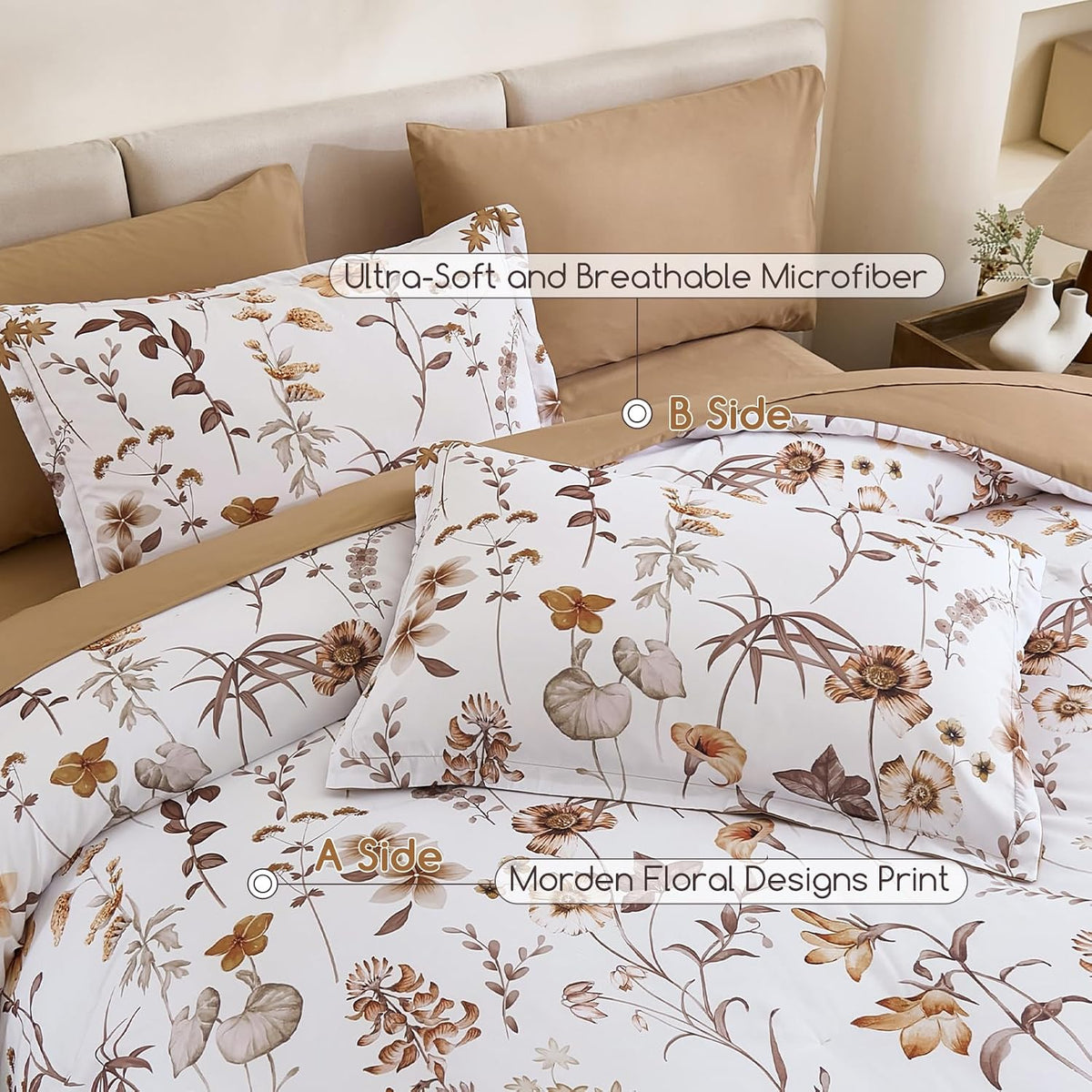 DJY Floral Comforter Set Queen Size,Brown Botanical Bedding Sets