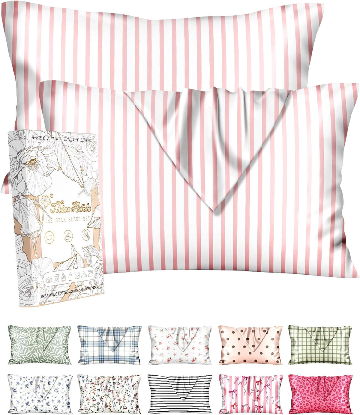 Miss Adola 2pcs Silk Pillowcase with Hidden Zipper, Pink Stripes