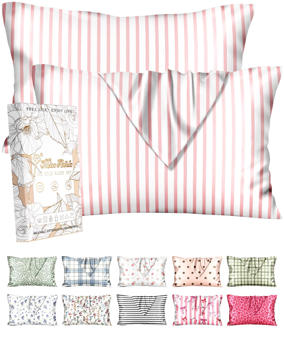 Miss Adola 2pcs Silk Pillowcase with Hidden Zipper, Pink Stripes