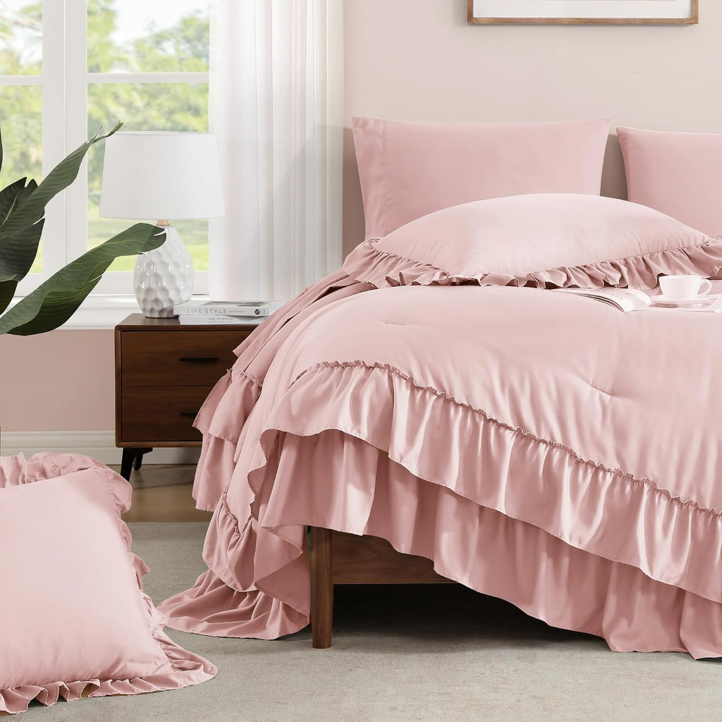 Queen Comforter Set Soft Pink Ruffle 7 Pieces Farmhouse Bed in a Bag