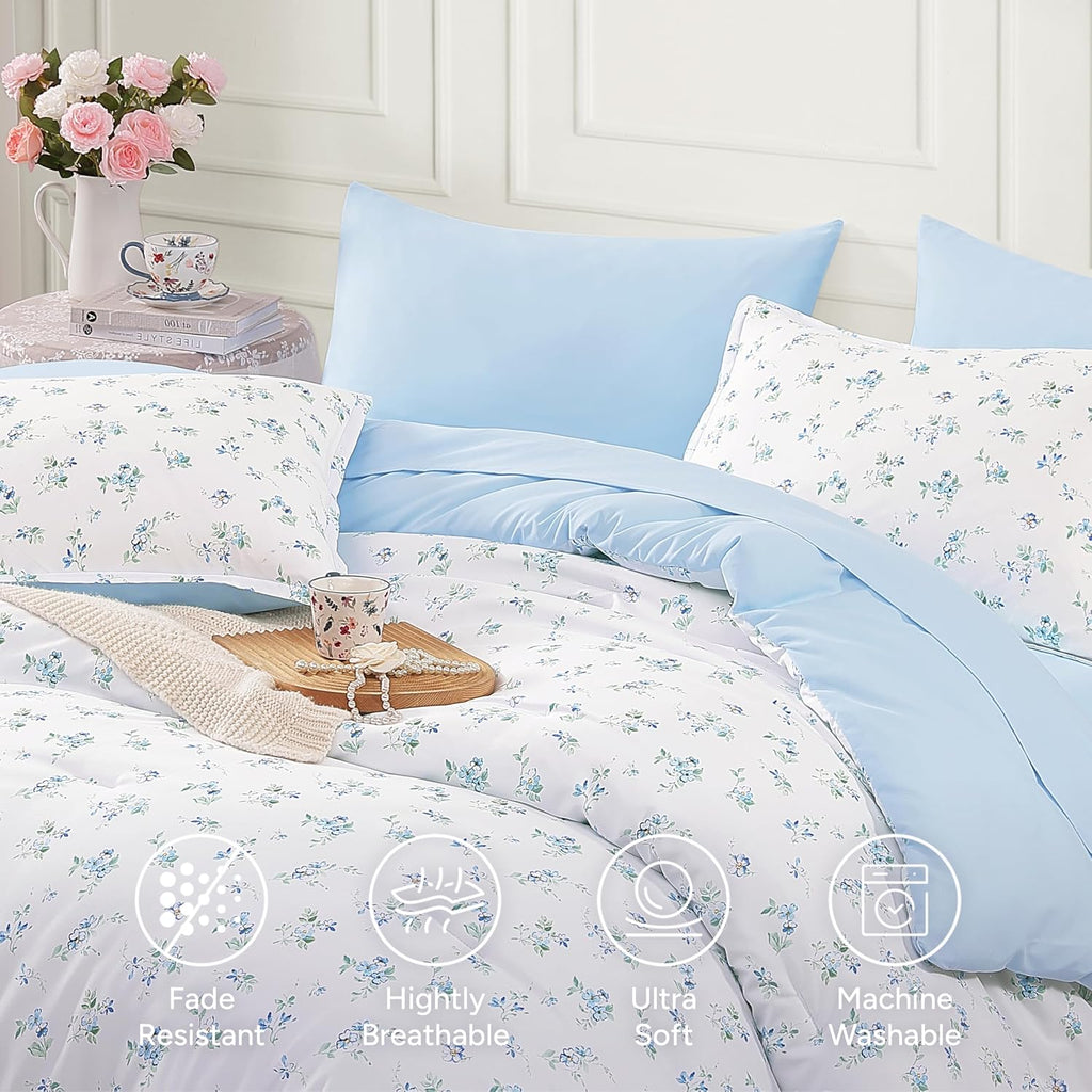 Andency Floral Full Comforter Set, 7 Pieces Cute Blue Coquette Bedding