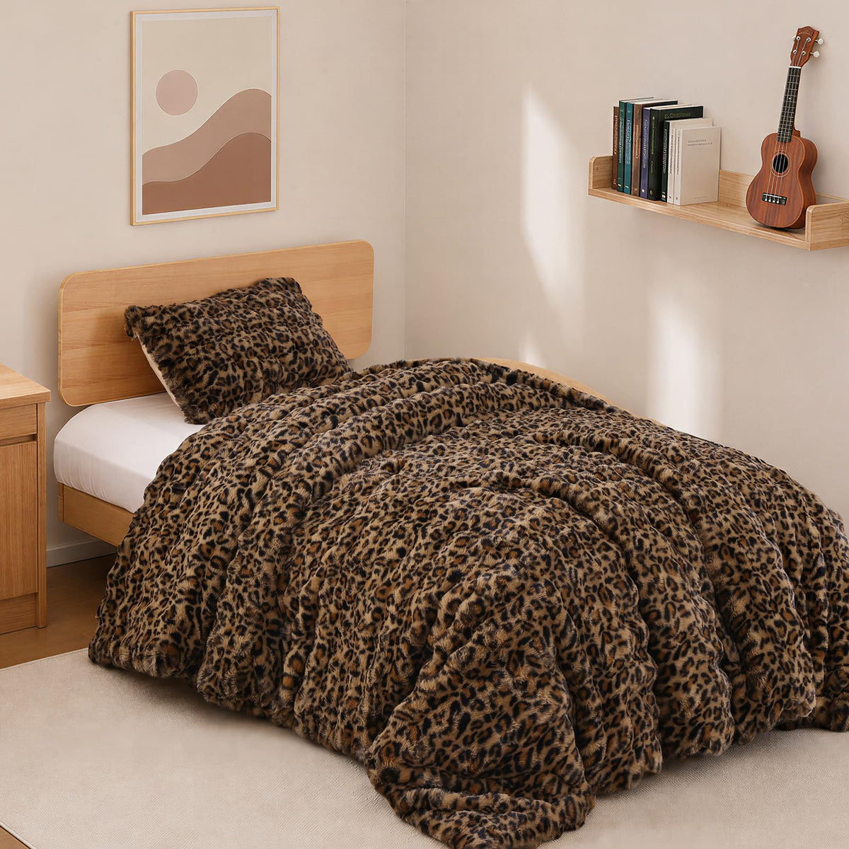 YIKUSH Queen Faux Fur Soft Comforter Set, Fluffy Linen Rabbit Fur Comforter