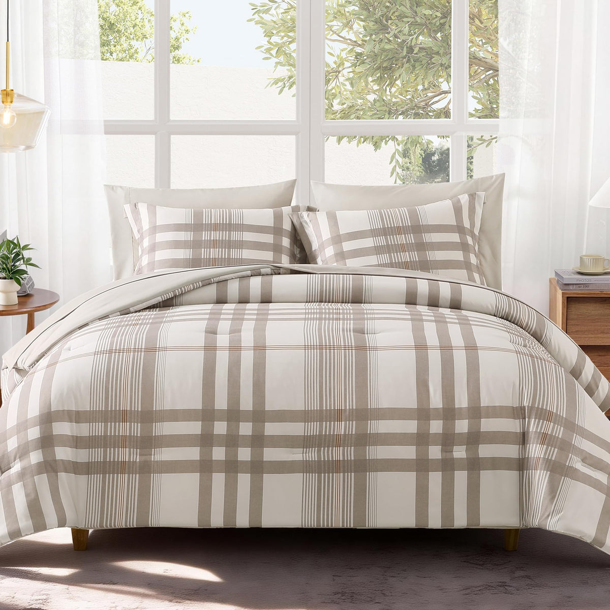 MaiRêve Plaid Queen Comforter Set Navy Blue 7 Pieces Bed in a Bag