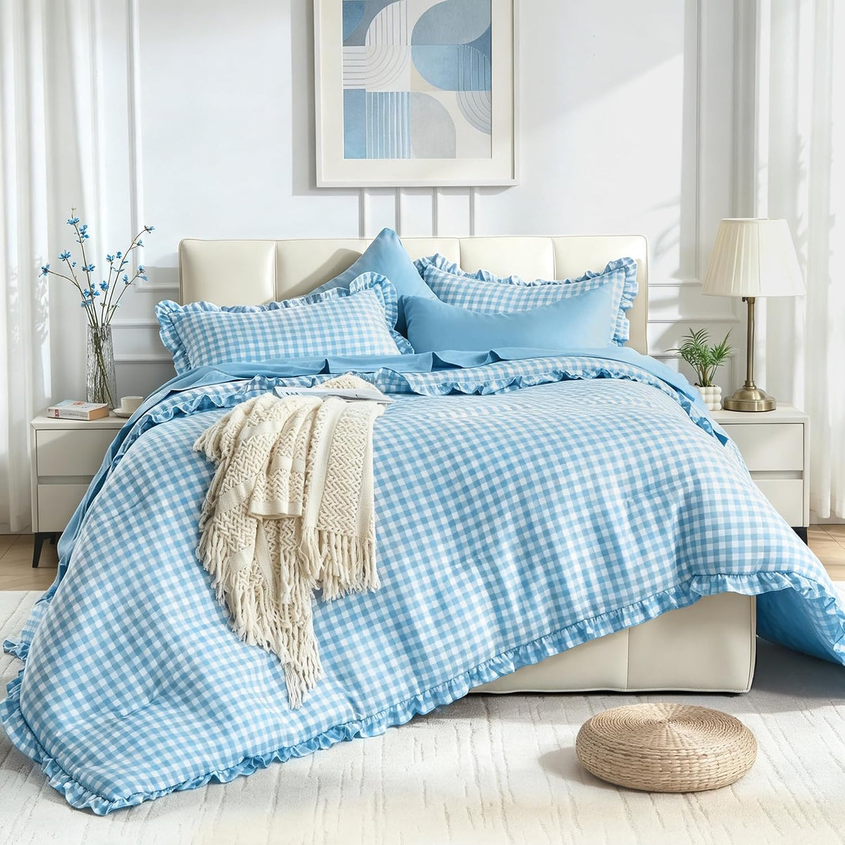 BDEUS 7 Pieces Gingham Ruffle Comforter Set Queen Size, Blue Grid Tartan Bedding Set, Soft Breathable Fabric Comforter with Flat Sheet, Fitted Sheet, 2 Pillowcases & 2 Shams, 88"X88"