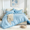 BDEUS 7 Pieces Gingham Ruffle Comforter Set Queen Size, Blue Grid Tartan Bedding Set, Soft Breathable Fabric Comforter with Flat Sheet, Fitted Sheet, 2 Pillowcases & 2 Shams, 88"X88"