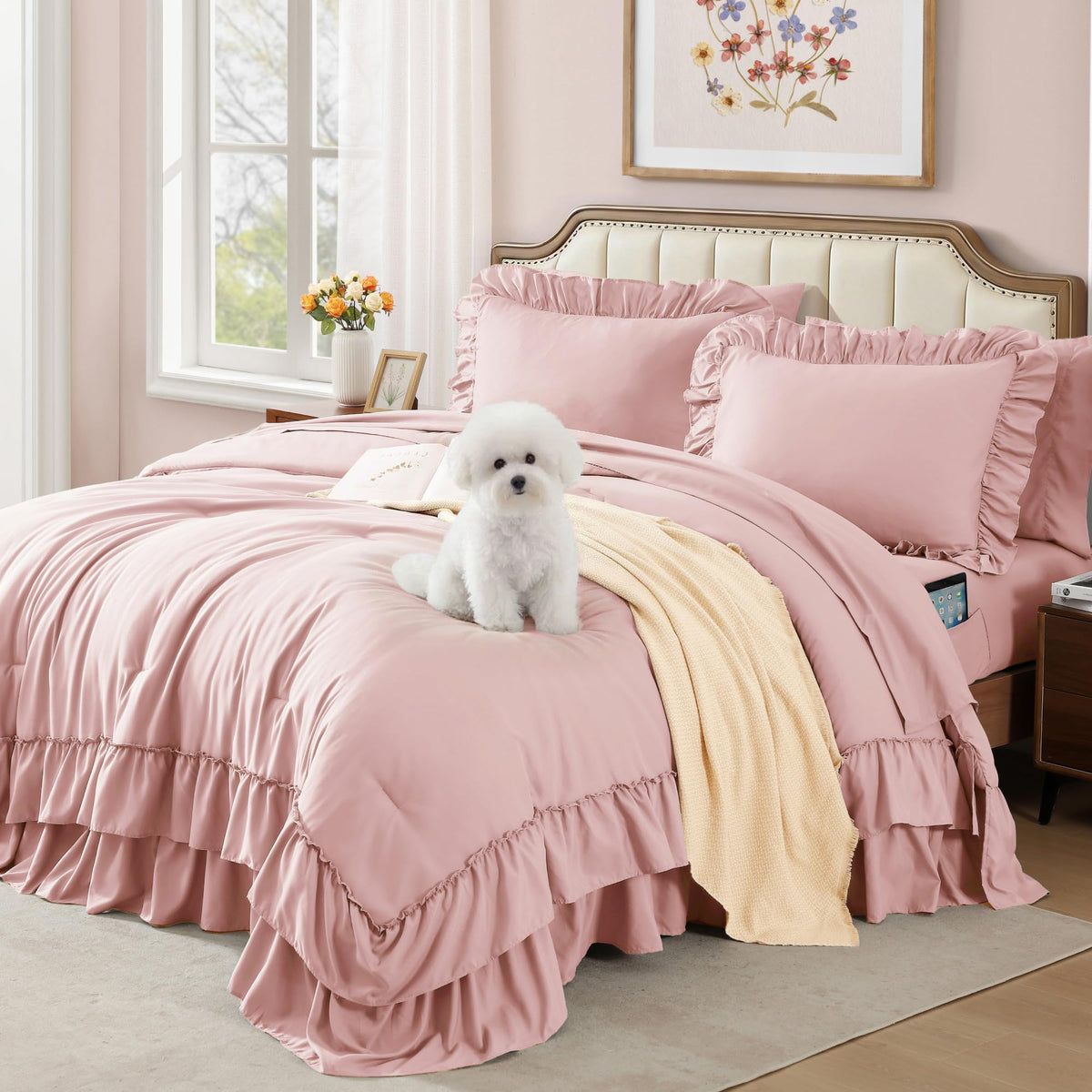 AMBERSPACE Queen Comforter Set White Ruffle 7 Pieces Farmhouse Bed in a Bag