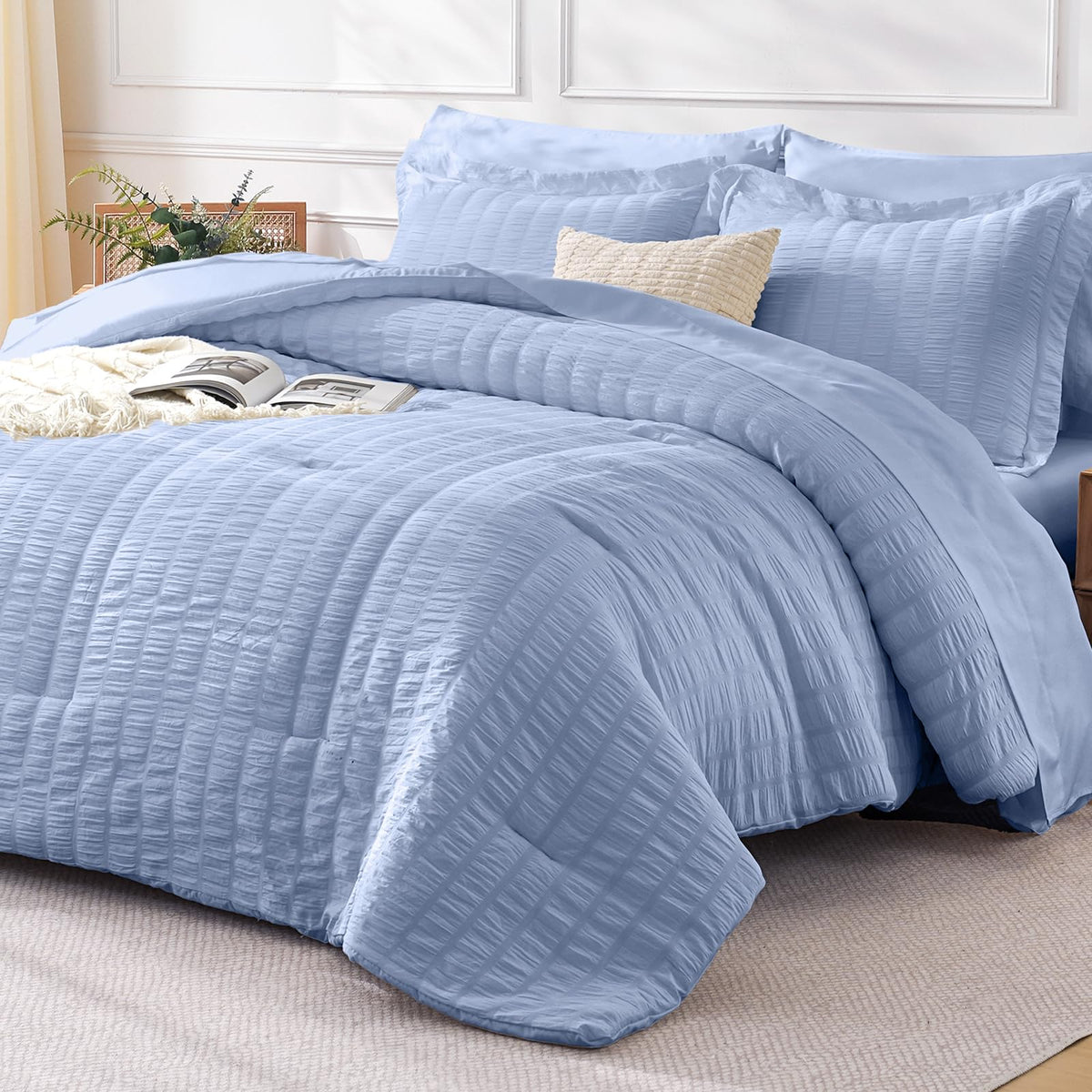 FreshCulture Twin Size Comforter Set Seersucker 5 Pieces, All Season Bedding Set Twin, Soft Bed in a Bag Comforter Set with Comforter, Flat Sheet, Fitted Sheet, Pillowcase and Pillow Sham, Cream