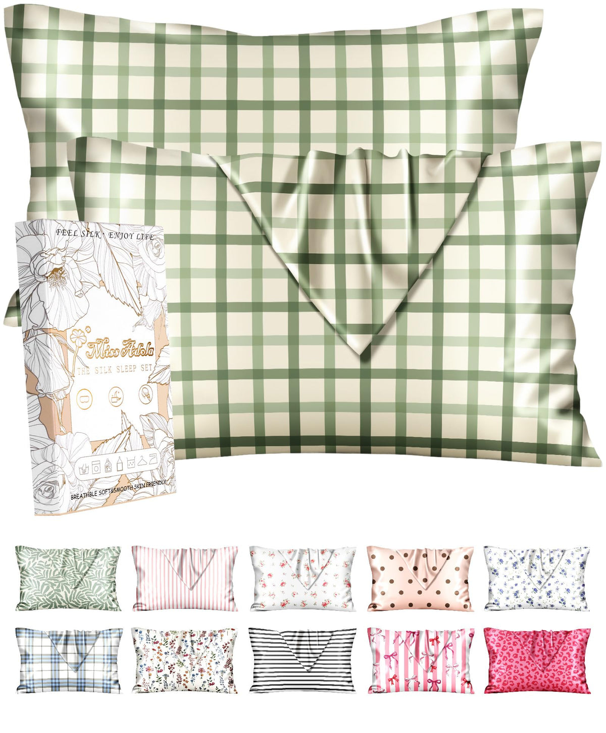 Miss Adola 2pcs Silk Pillowcase with Hidden Zipper, Pink Stripes