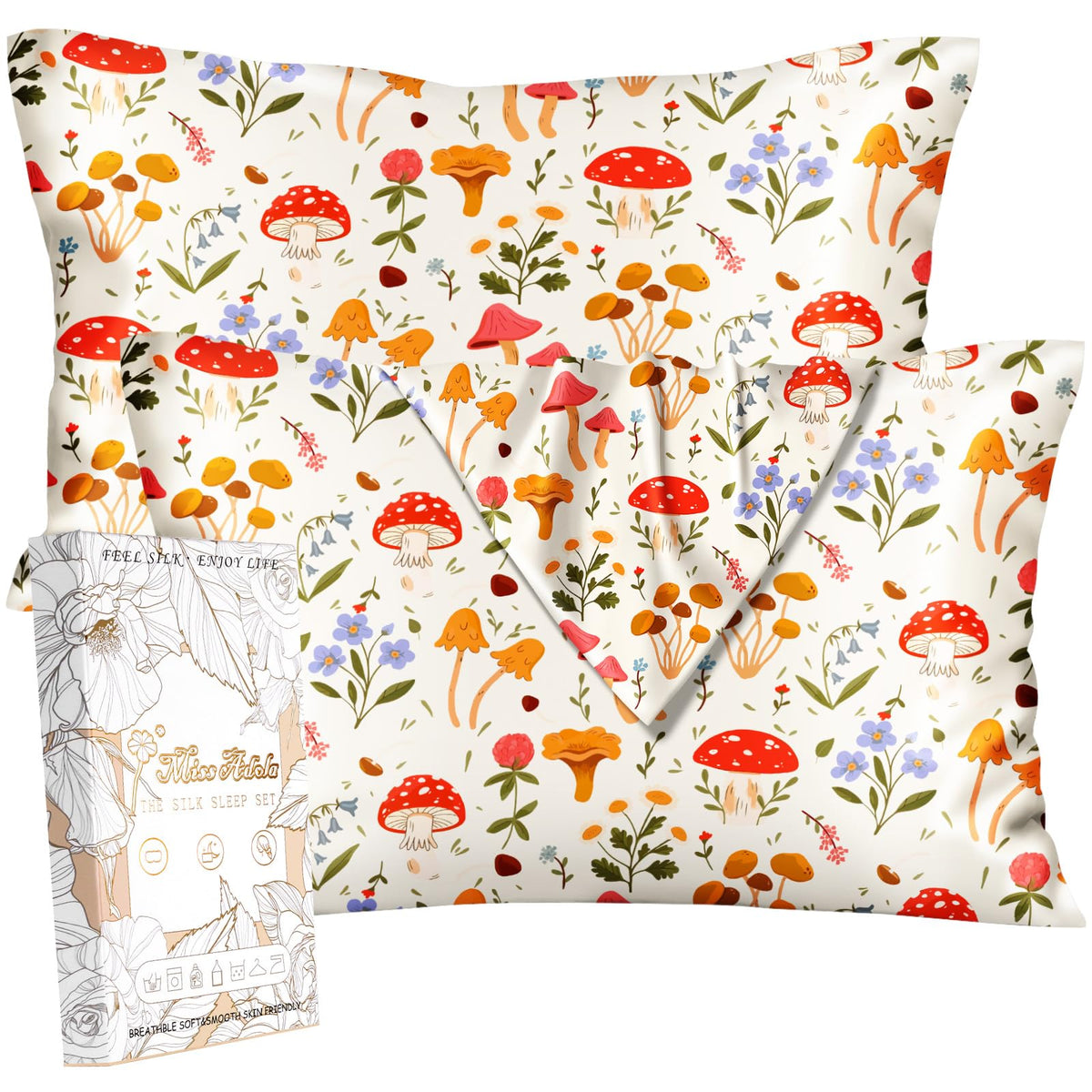 Miss Adola 2pcs Silk Pillowcase with Hidden Zipper, BLK Grow Flower