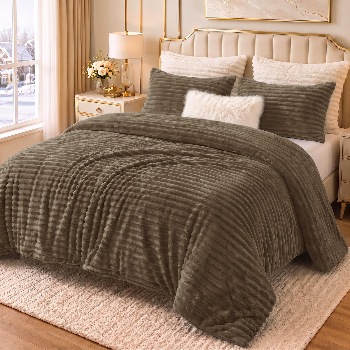 CozyLux Fleece Queen Comforter Set, 3 Piece Winter Warm Black Bedding