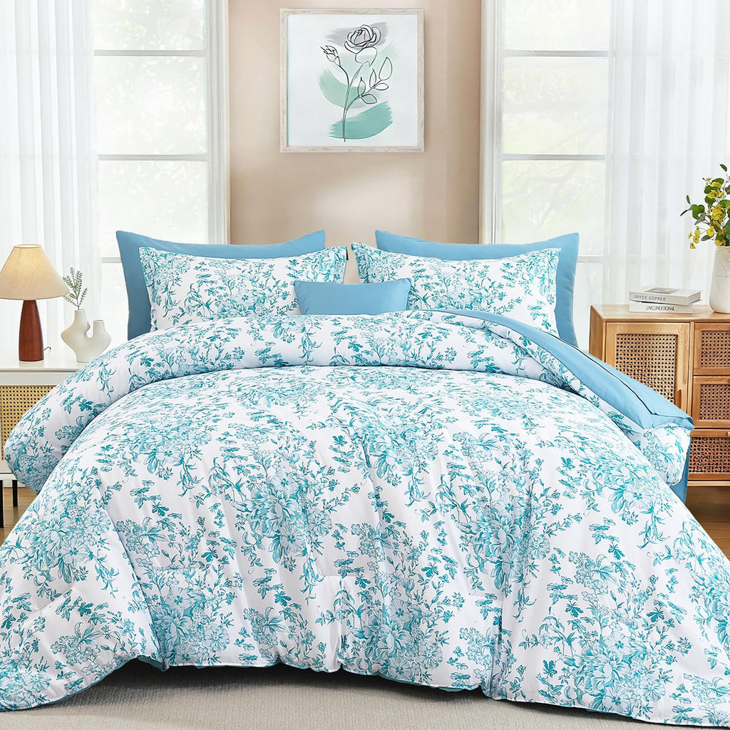 WONGS BEDDING 8 Pieces Queen Size Comforter Set Green, Sage Green Floral Bed in a Bag Comforter Sets, Soft Reversible Botanical Flowers Bedding Sets for All Season (90"x90")