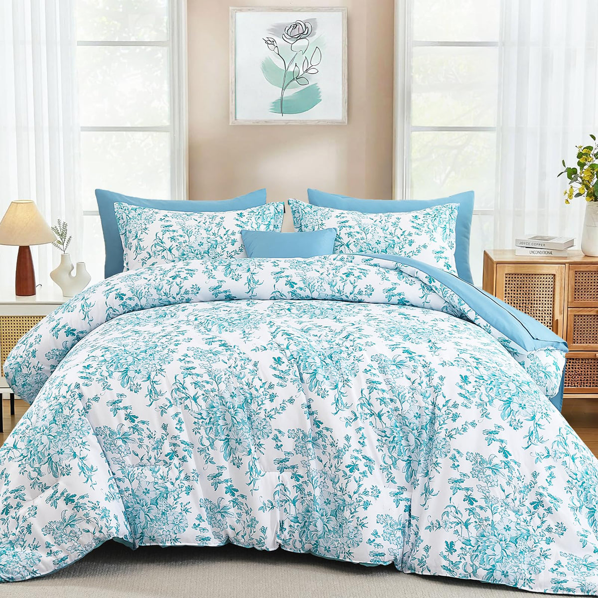 WONGS BEDDING 8 Pieces Queen Size Comforter Set Green, Sage Green Floral Bed in a Bag Comforter Sets, Soft Reversible Botanical Flowers Bedding Sets for All Season (90"x90")